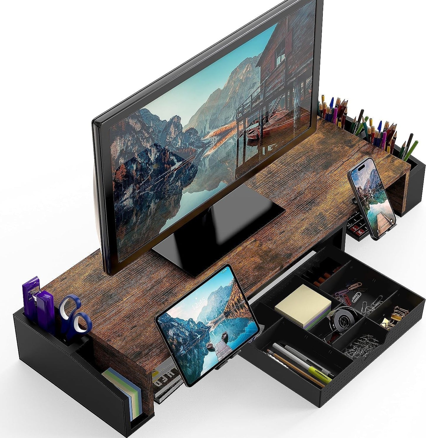 Desk Dual Monitor Stand Riser with Drawer, Rustic Brown