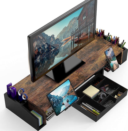Desk Dual Monitor Stand Riser with Drawer, Rustic Brown