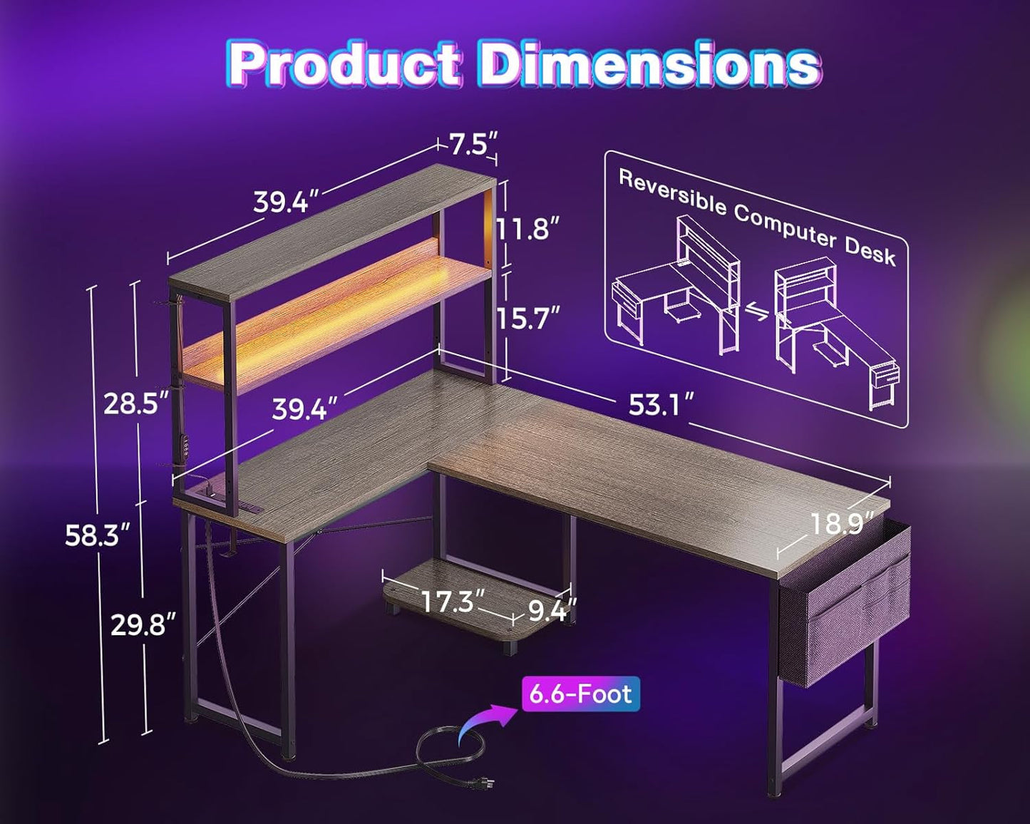 L Shaped Desk Gaming Desk with LED Light & Power Outlet, 53 Inch