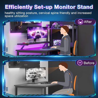 Reversible 55 Inch Gaming Desk with USB Charging Port and LED Lights,