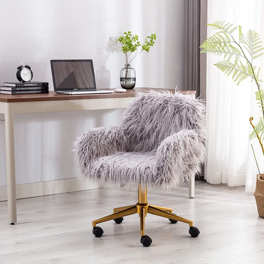 KCC Gray Faux Fur Swivel Chair for Home Office