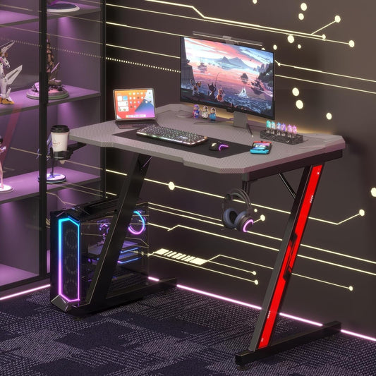 Gaming Computer Desk with Carbon Fiber Surface, Gaming Table Z Shaped