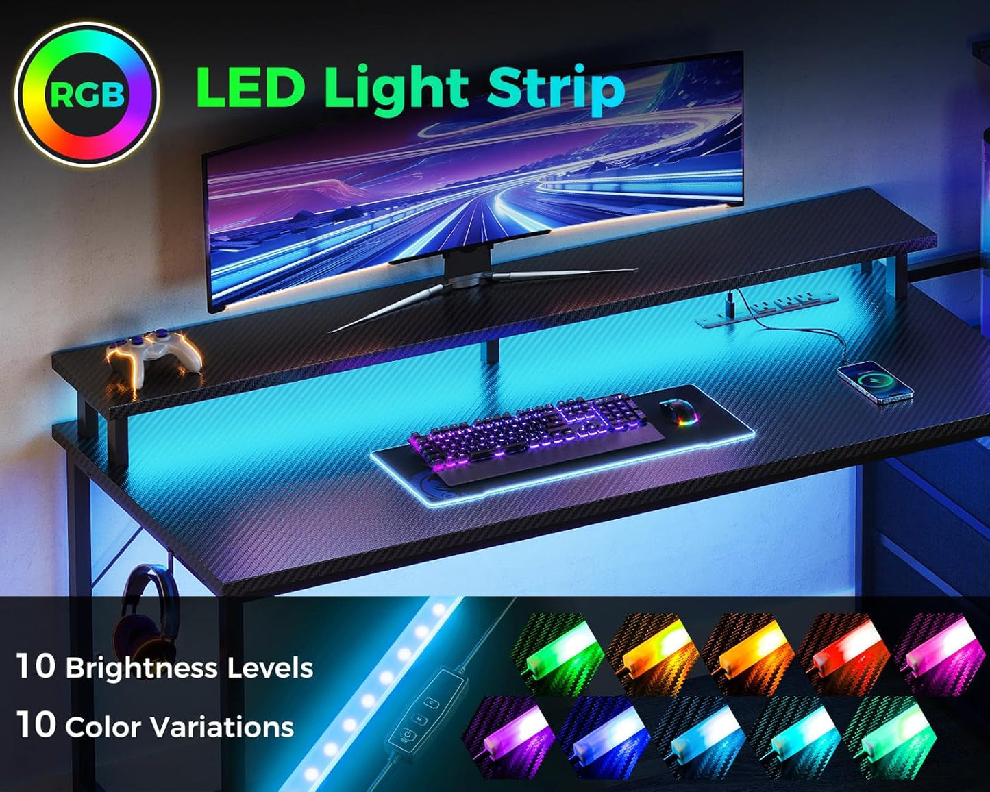 59 Inch Gaming Desk with USB Charging Ports & LED Light- Reversible