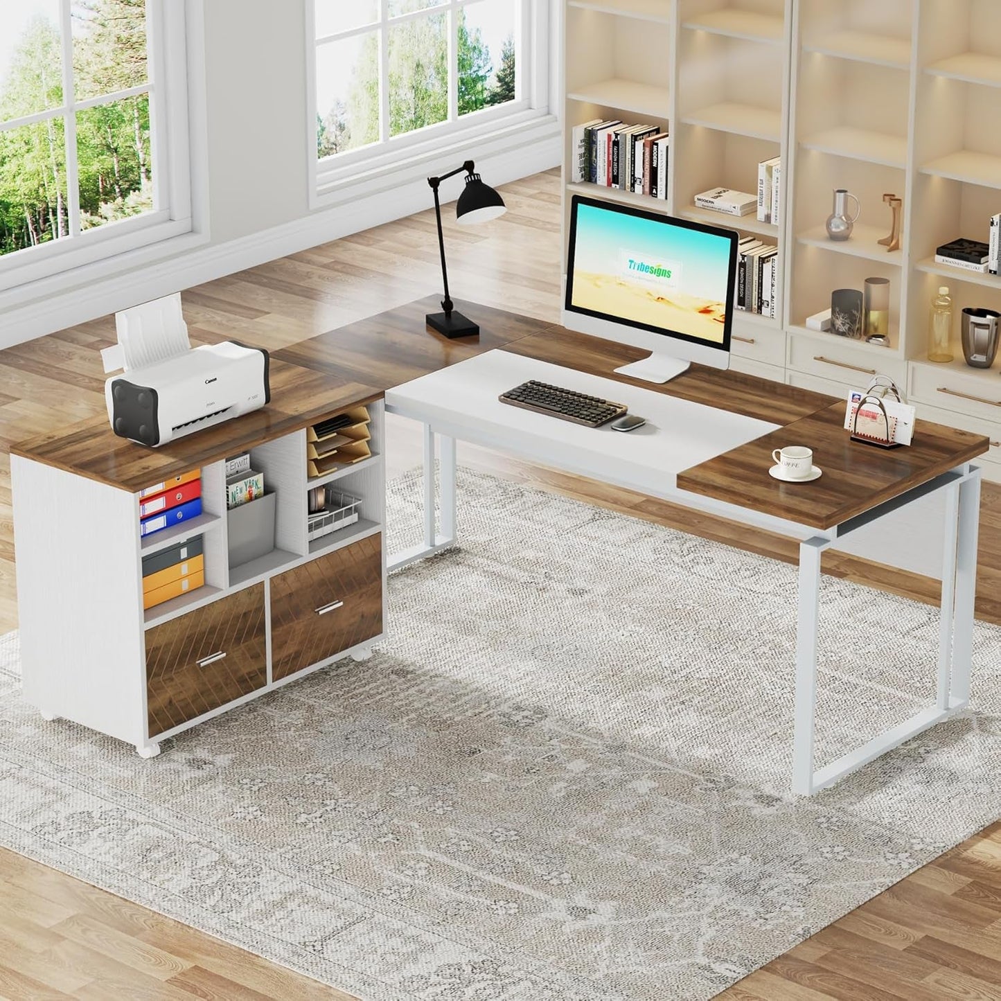 L-Shaped Executive Desk with Reversible File Cabinet, 63" Office Desk