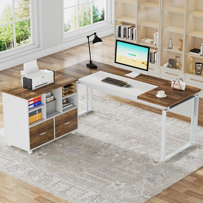 L-Shaped Executive Desk with Reversible File Cabinet, 63" Office Desk