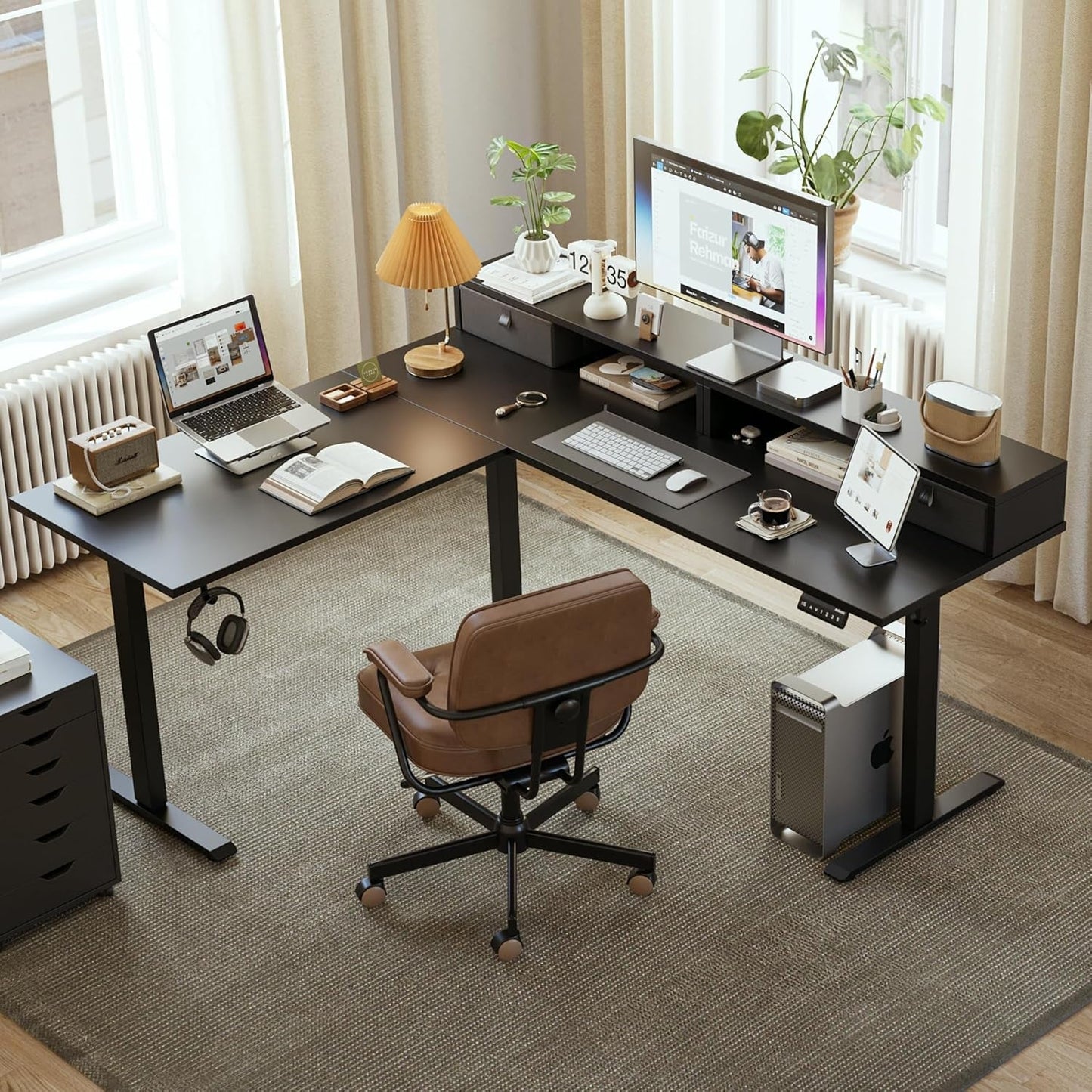 L Shaped Electric Standing Desk with 2 Drawers, 63 Inch Ergonomic