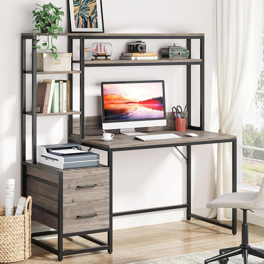 55 Inch Computer Desk with 2 Drawers and Storage Shelves, Rustic