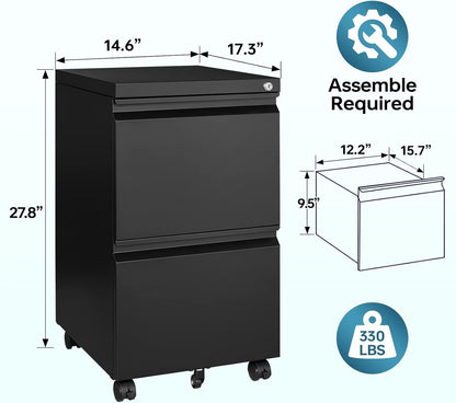 2 Drawer File Cabinet on Wheels, Home Office Mobile under Desk with