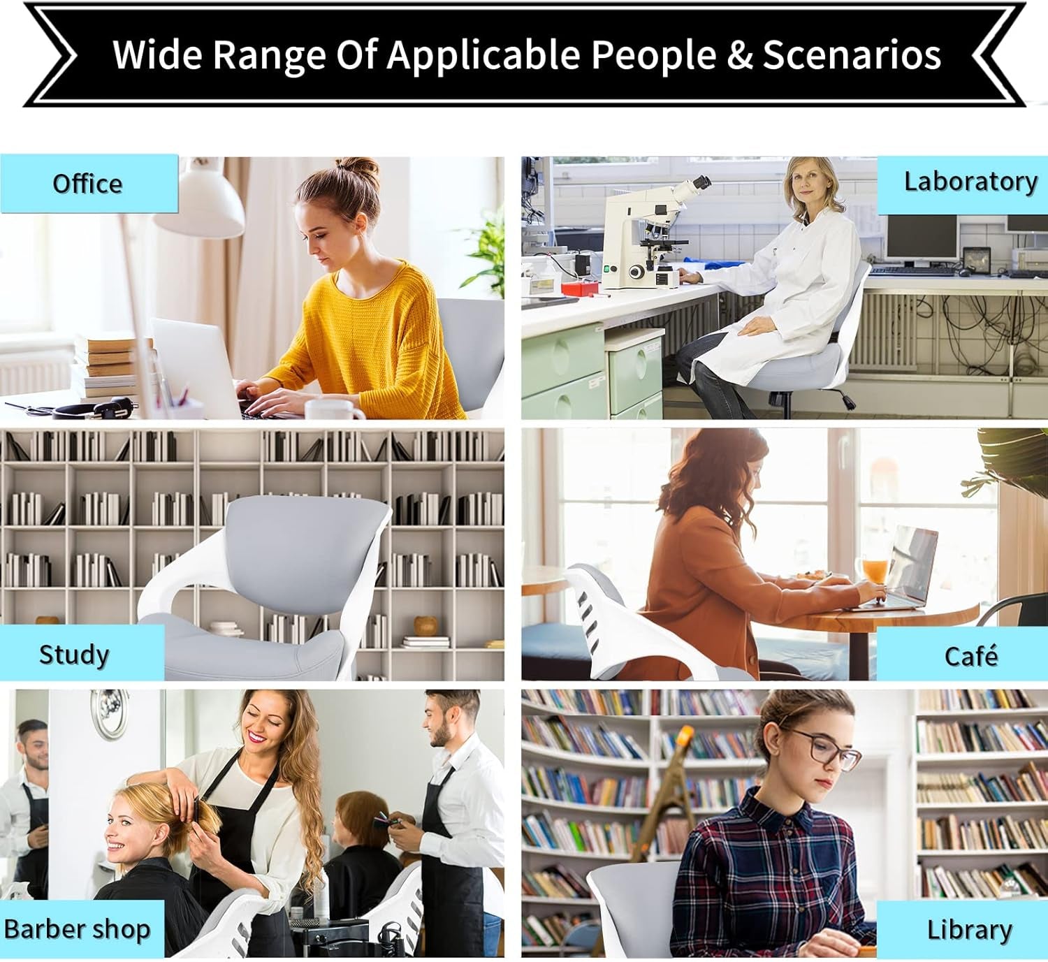 Collage showcasing diverse individuals using ergonomic drafting chairs in various settings: office, laboratory, study, café, barber shop, and library.