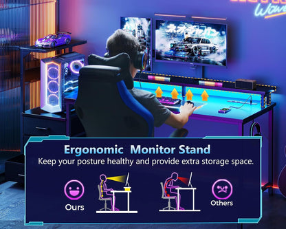 59 Inch Gaming Desk with USB Charging Ports & LED Light- Reversible
