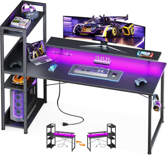 Reversible 55 Inch Gaming Desk with USB Charging Port and LED Lights,