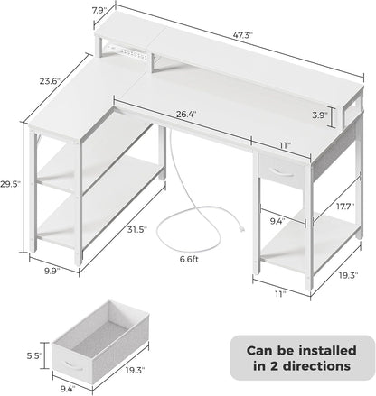 47" White L Desk LED Power Drawer