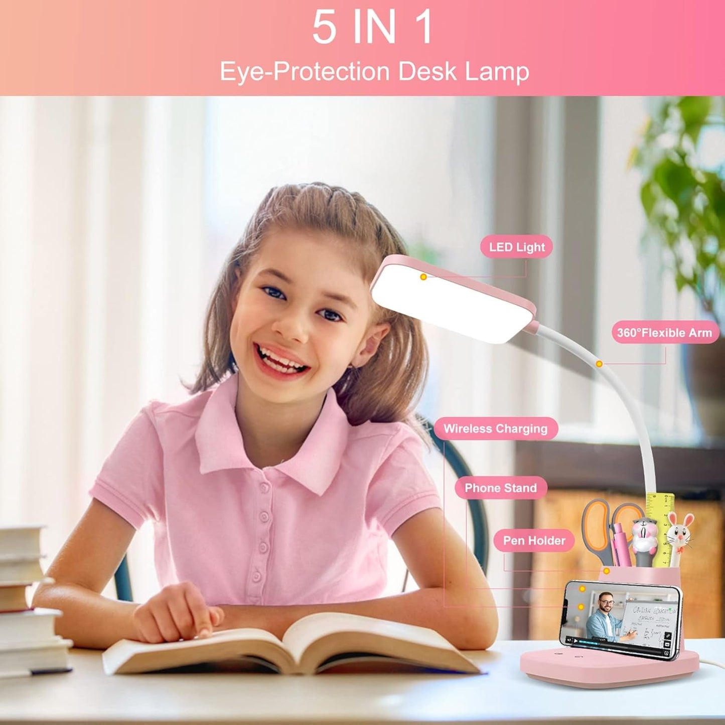 Cute Desk Lamp, Pink Small Desk Lamp with Pen Holder, Wireless Charger