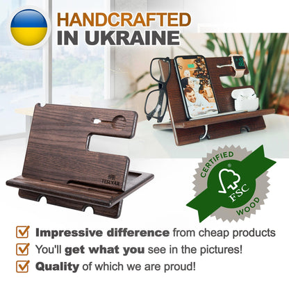 Wood Phone Docking Station Ash Key Holder Wallet Stand Watch Organizer