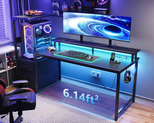 59 Inch Gaming Desk with USB Charging Ports & LED Light- Reversible