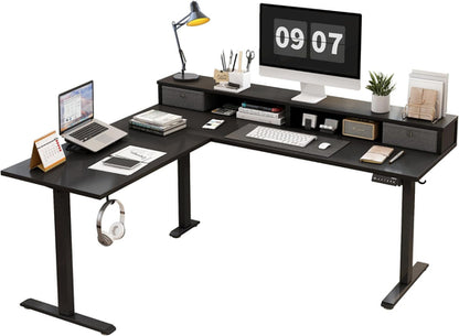 L Shaped Electric Standing Desk with 2 Drawers, 63 Inch Ergonomic
