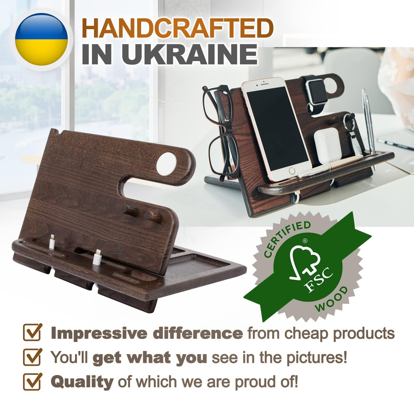 Wood Phone Docking Station Ash Key Holder Wallet Stand Watch Organizer