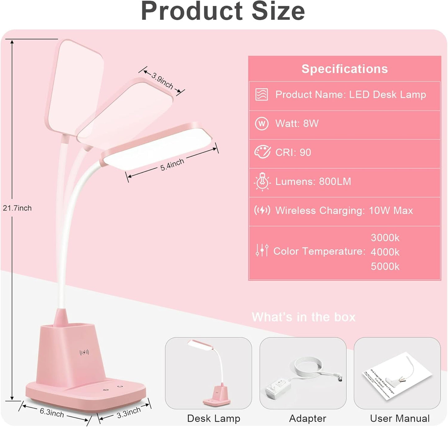 Cute Desk Lamp, Pink Small Desk Lamp with Pen Holder, Wireless Charger