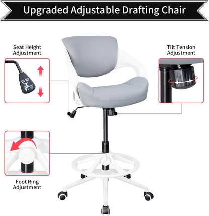 Image of an upgraded ergonomic drafting chair with adjustable seat height, tilt tension, and foot ring features.