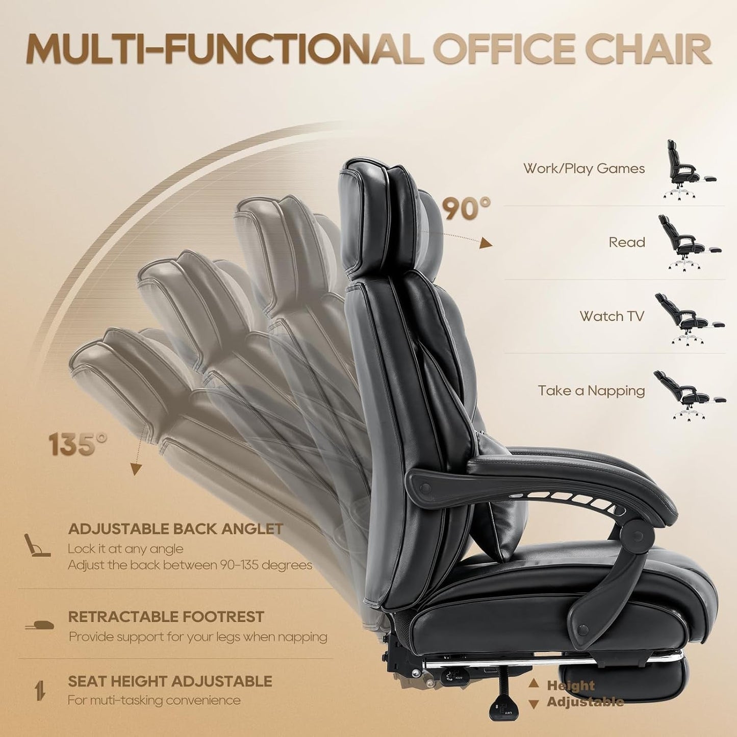 Office Chair with Retractable Footrest, Ergonomic High Back Design