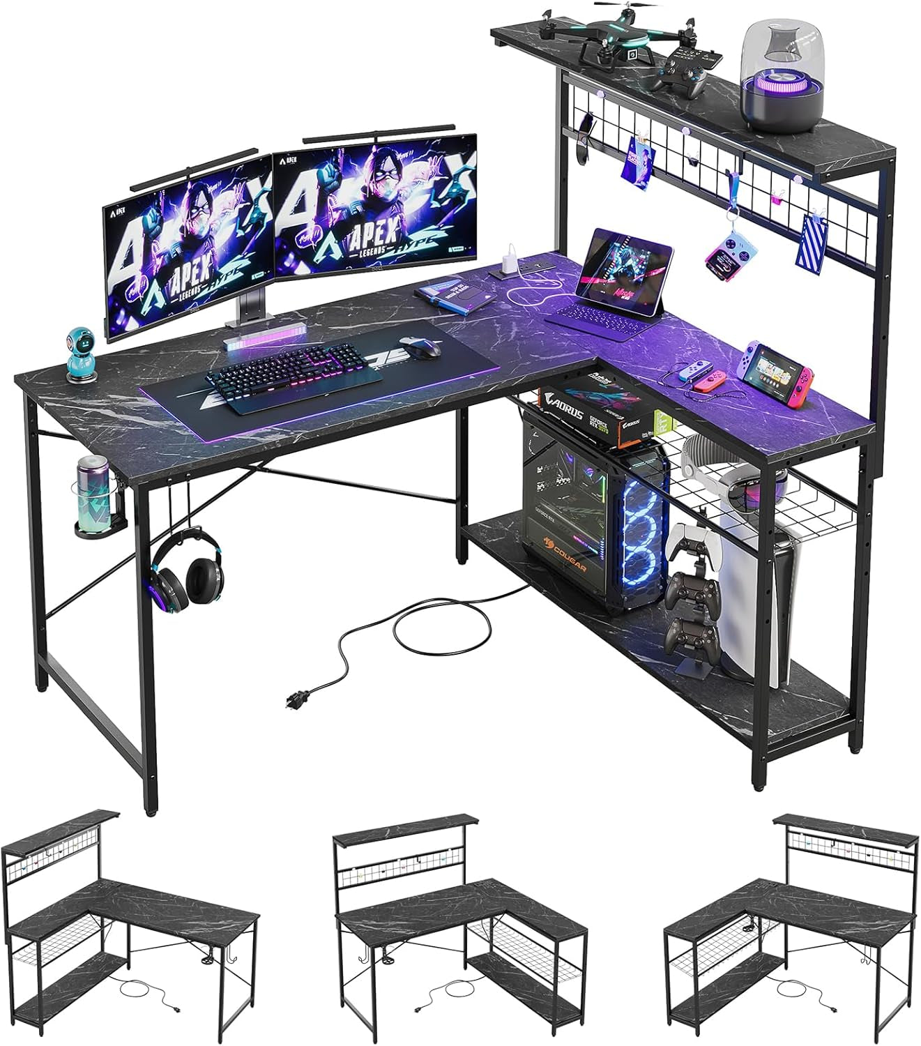 Gaming Desk 51" L-Shaped, with Power Outlets & LED Lights- 4 Tier