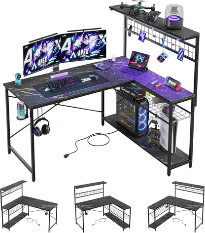 Gaming Desk 51" L-Shaped, with Power Outlets & LED Lights- 4 Tier