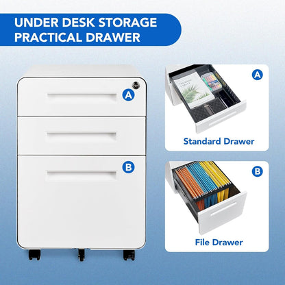 Mobile File Cabinet for Home Office 3 Drawer File Cabinet under Desk