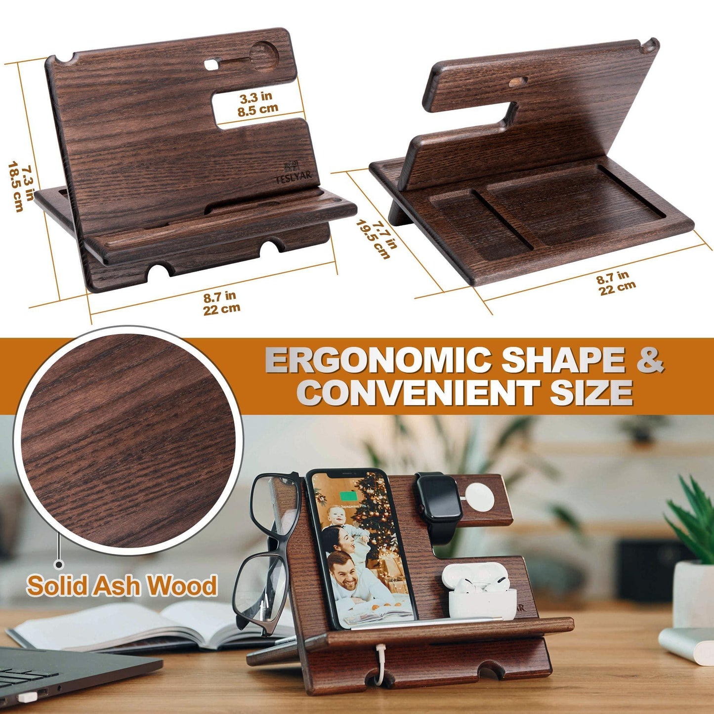 Wood Phone Docking Station Ash Key Holder Wallet Stand Watch Organizer