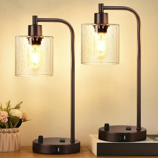 Set of 2 Oil Rubbed Bronze Table Lamps with 2 USB Port, Fully Stepless