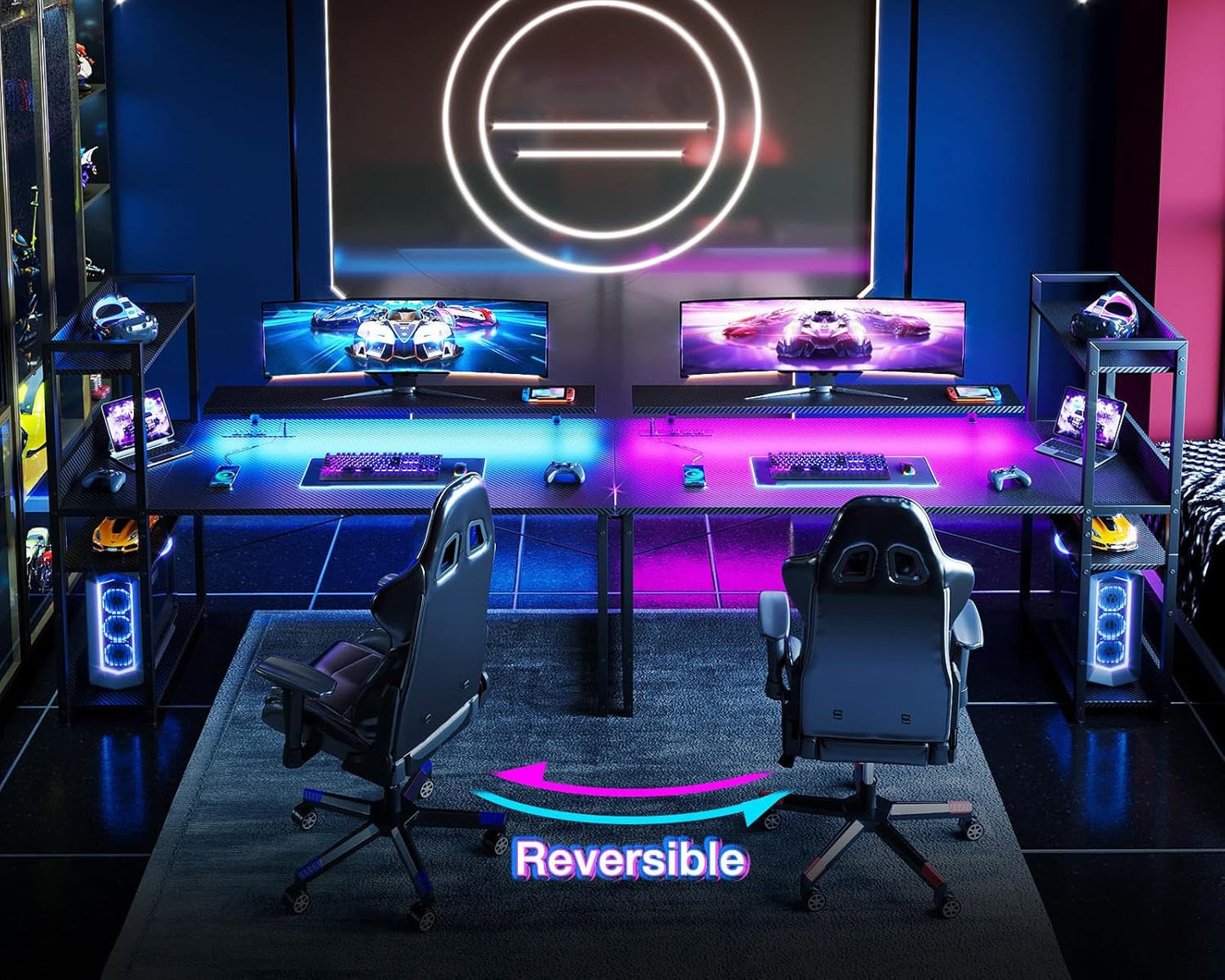 Reversible 55 Inch Gaming Desk with USB Charging Port and LED Lights,
