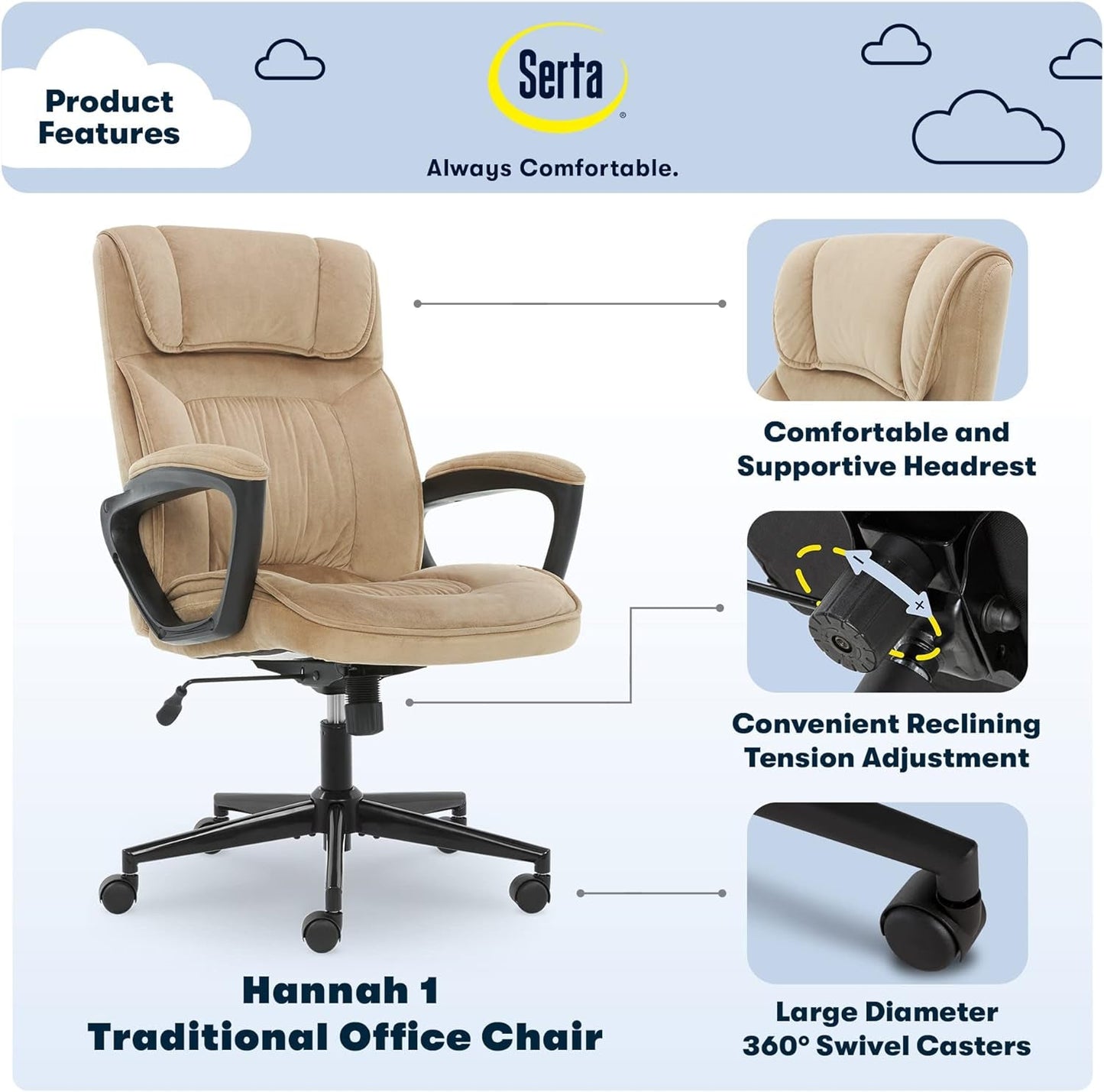 Serta Hannah Executive Home Office Desk Chair, Ergonomic Mid-Back with