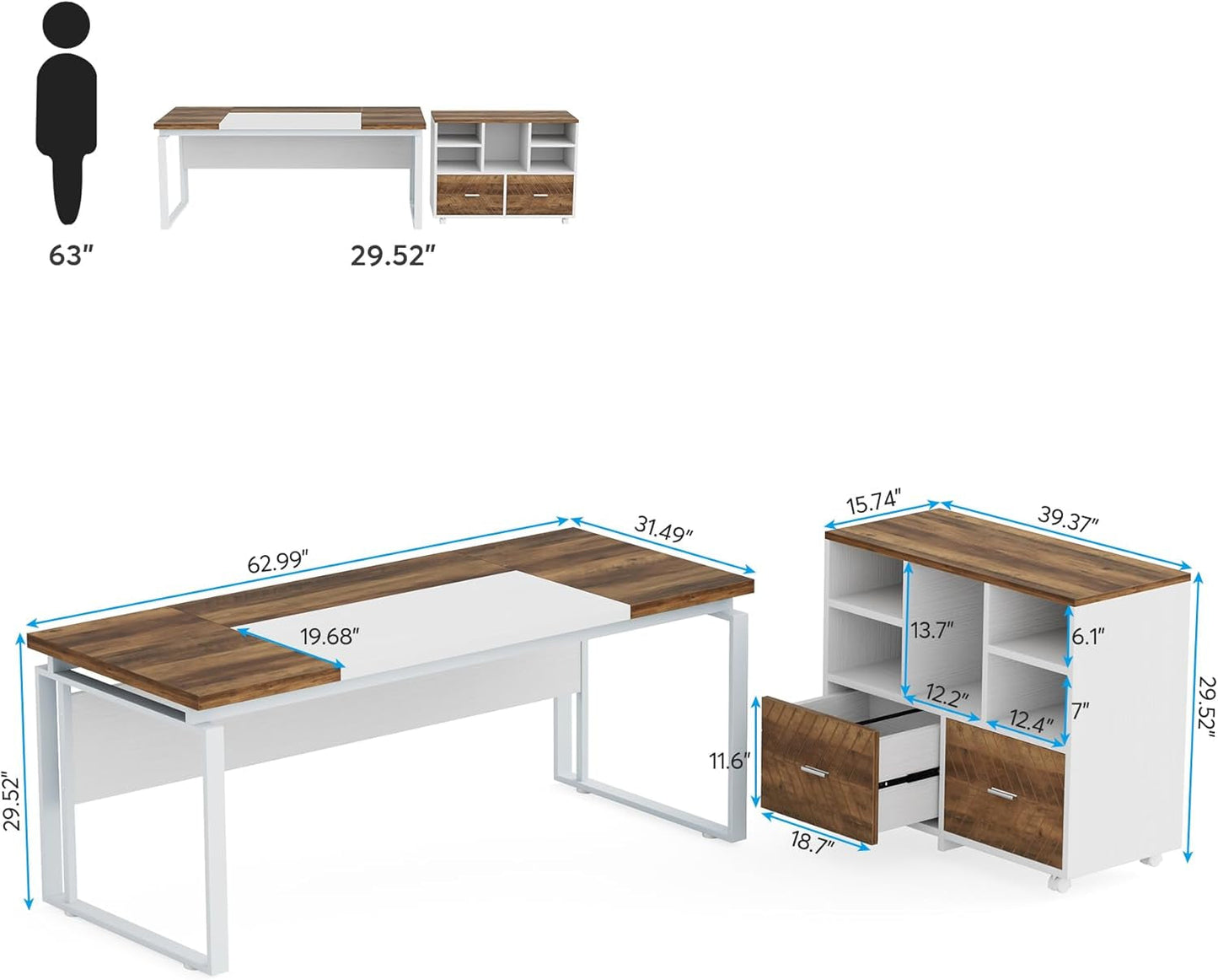 L-Shaped Executive Desk with Reversible File Cabinet, 63" Office Desk