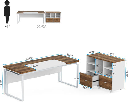 L-Shaped Executive Desk with Reversible File Cabinet, 63" Office Desk