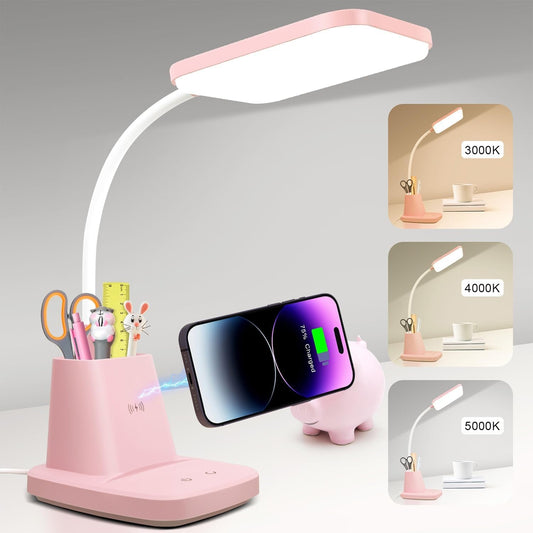 Cute Desk Lamp, Pink Small Desk Lamp with Pen Holder, Wireless Charger