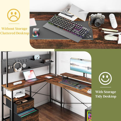 L Shaped Desk with Pegboard, Reversible Computer Desk with Drawers &