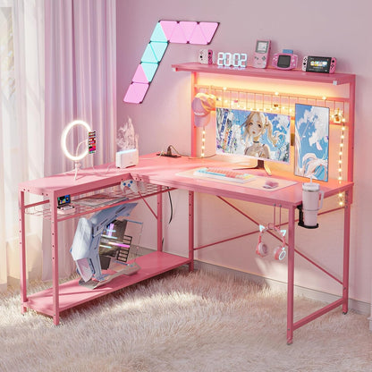 Gaming Desk 51" L-Shaped, with Power Outlets & LED Lights- 4 Tier