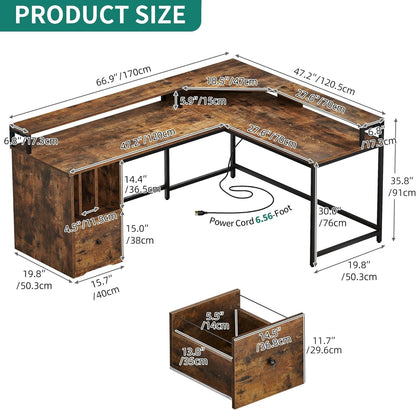 L Shaped Desk with Power Outlets & LED Lights, 67" Computer Desk with