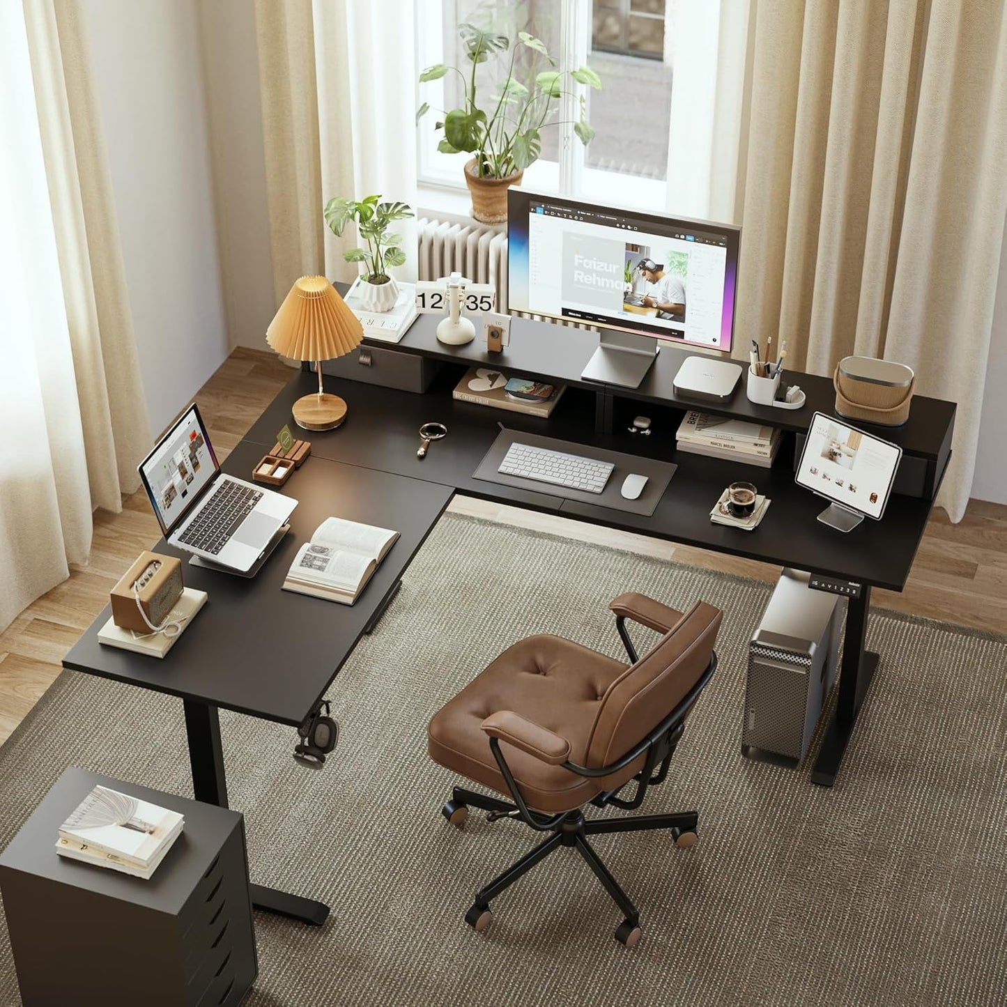 L Shaped Electric Standing Desk with 2 Drawers, 63 Inch Ergonomic