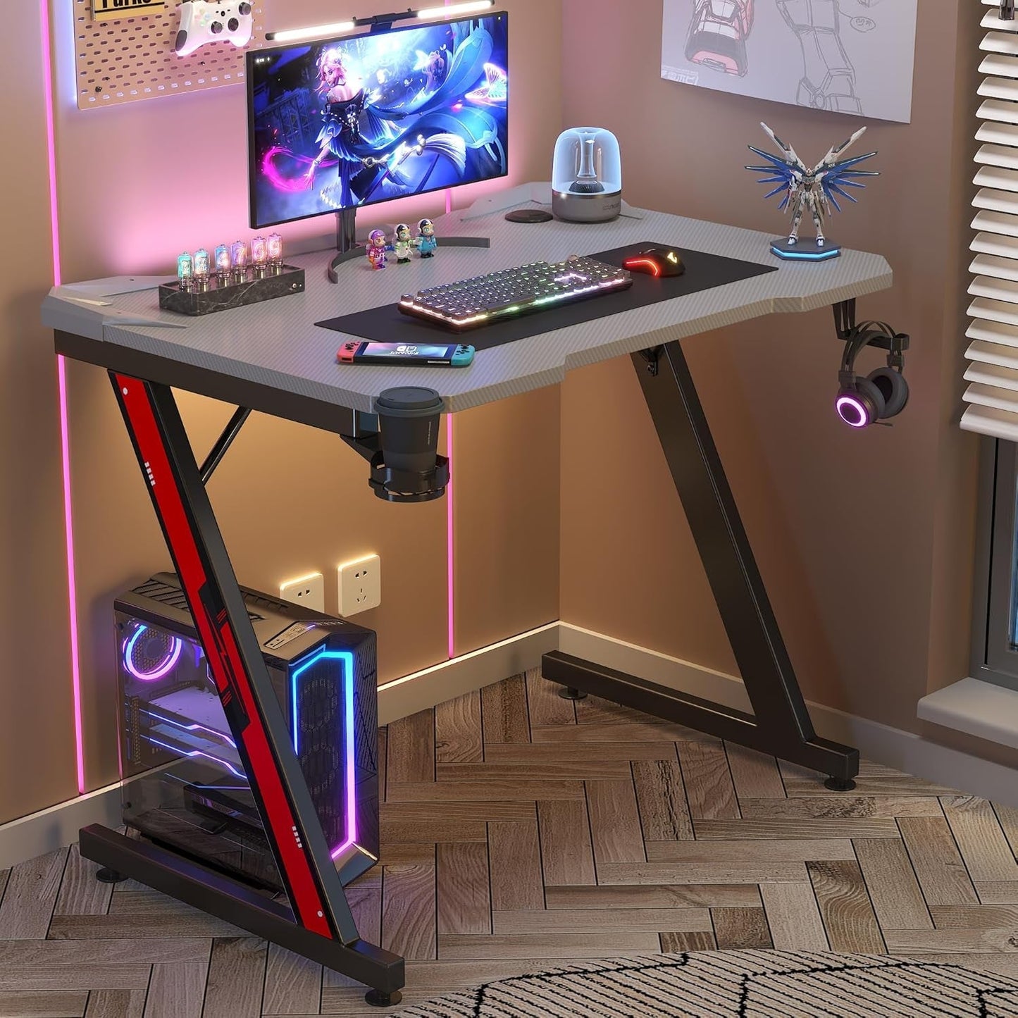 Gaming Computer Desk with Carbon Fiber Surface, Gaming Table Z Shaped