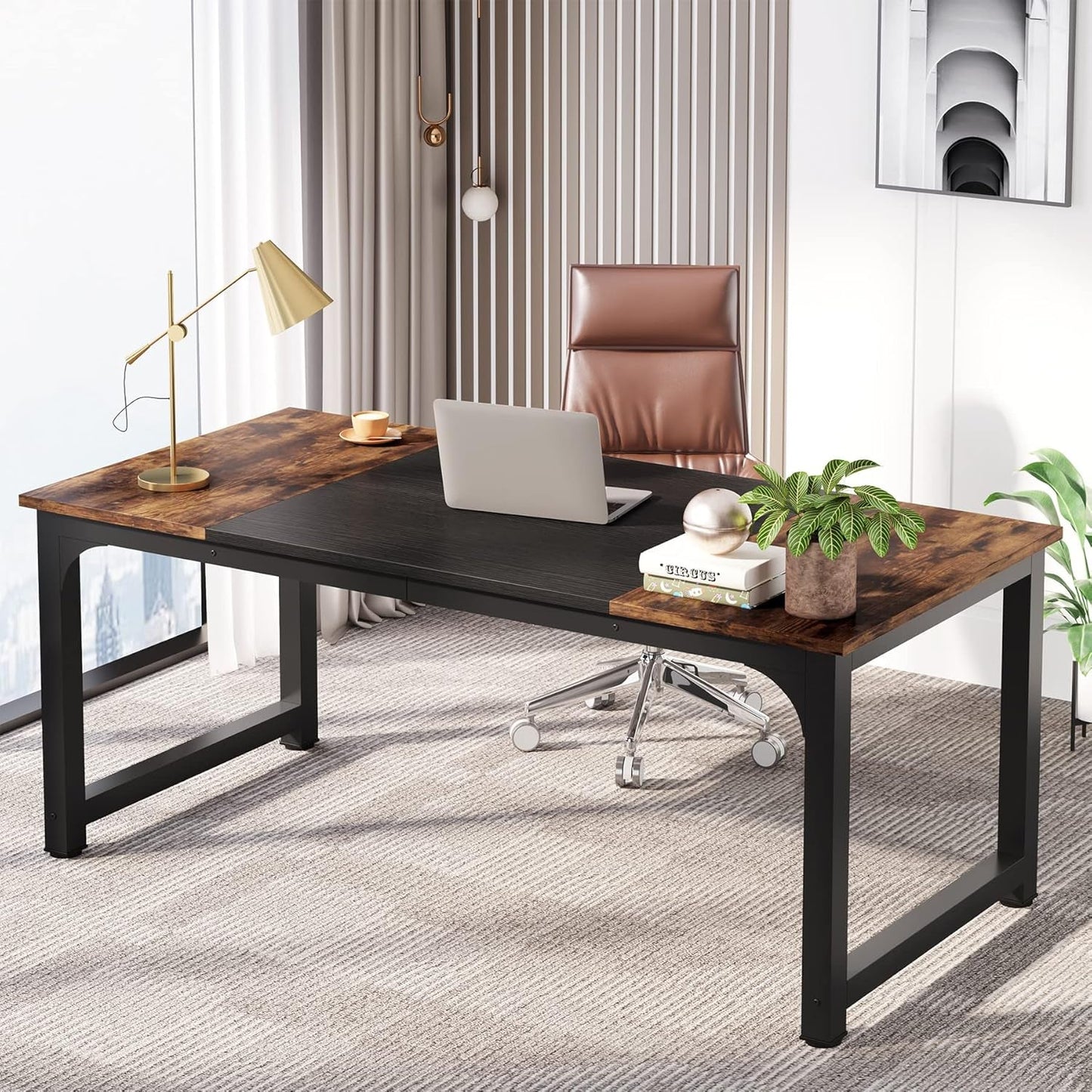 63 Inch Large Executive Computer Office Desk, Brown+Black
