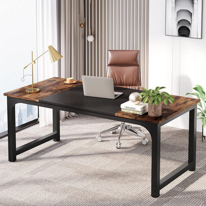 63 Inch Large Executive Computer Office Desk, Brown+Black