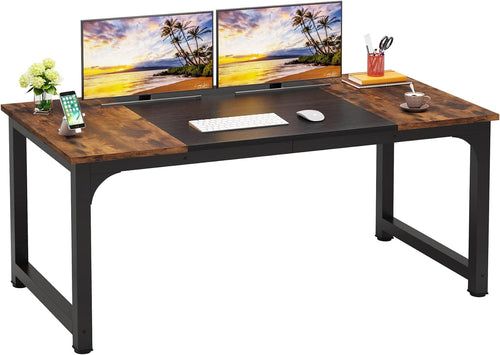 63 Inch Large Executive Computer Office Desk, Brown+Black