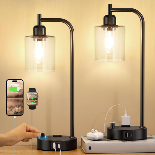 Industrial Nightstand Lamps for Bedrooms Set of 2 - Fully Dimmable