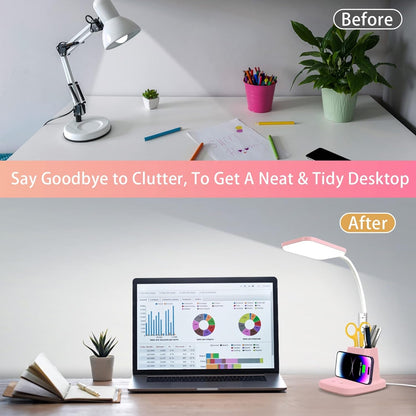 Cute Desk Lamp, Pink Small Desk Lamp with Pen Holder, Wireless Charger