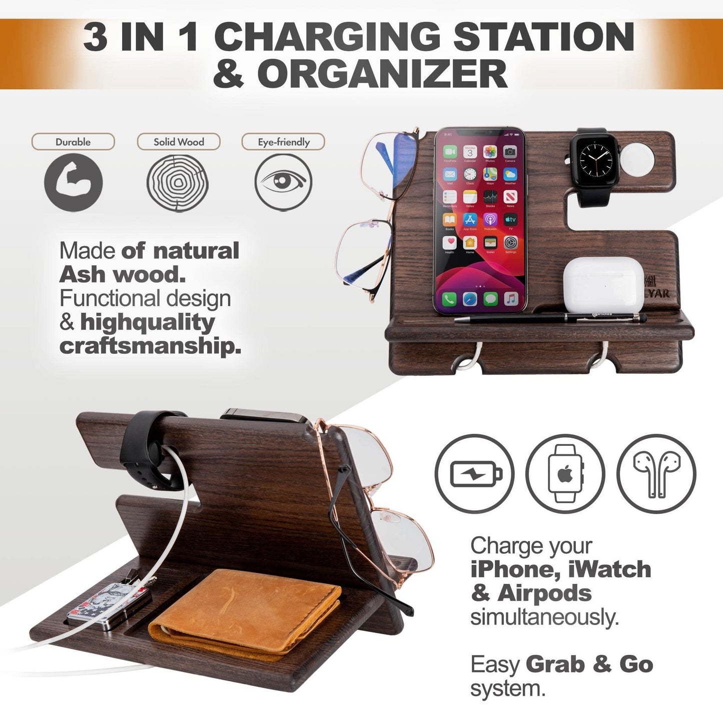 Wood Phone Docking Station Ash Key Holder Wallet Stand Watch Organizer