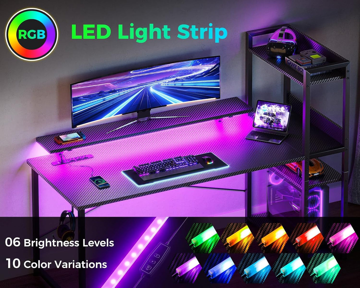 Reversible 55 Inch Gaming Desk with USB Charging Port and LED Lights,