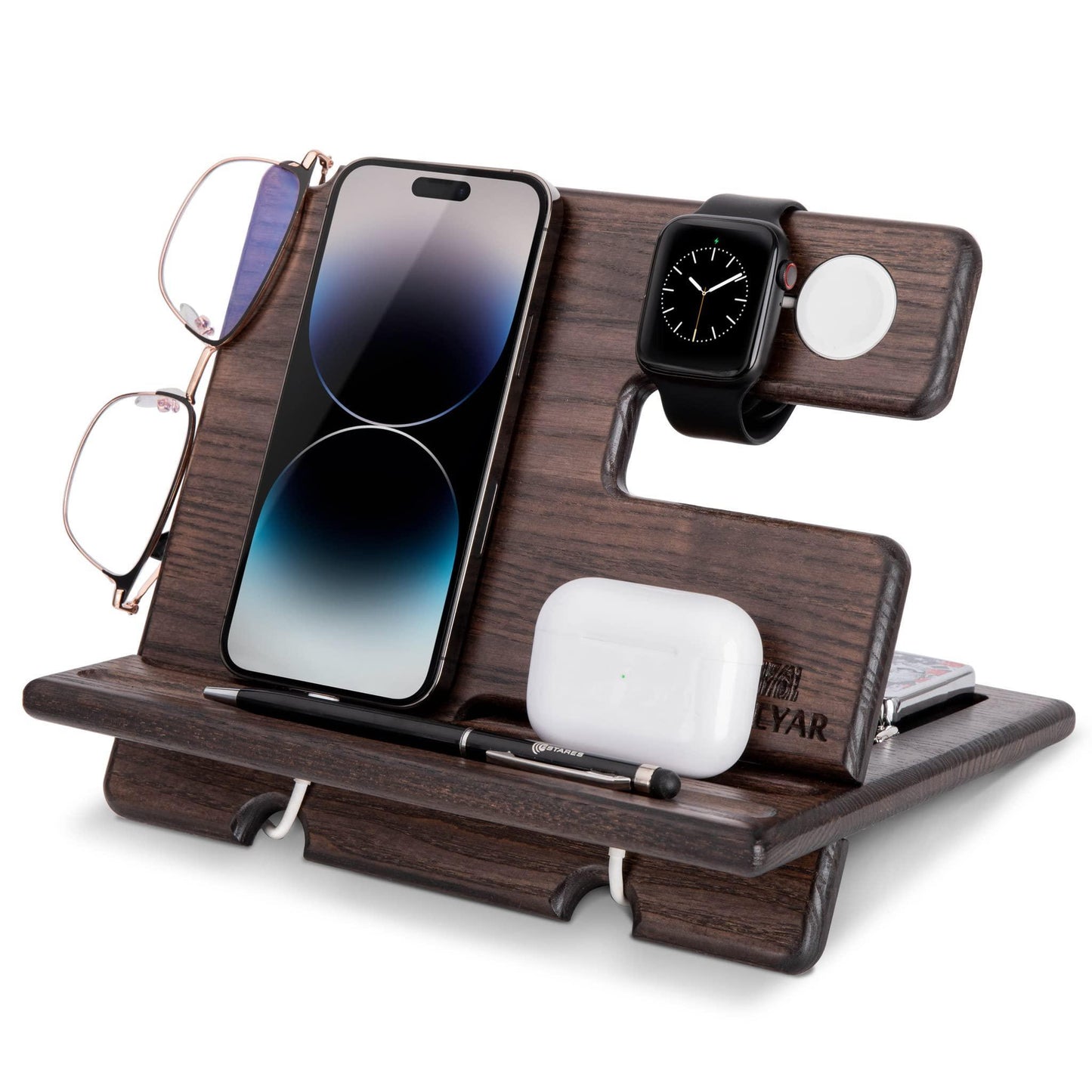 Wood Phone Docking Station Ash Key Holder Wallet Stand Watch Organizer