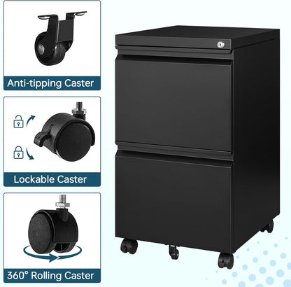 2 Drawer File Cabinet on Wheels, Home Office Mobile under Desk with