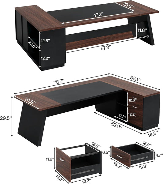78" L-Shaped Executive Desk, Large Office Desk with Drawers and