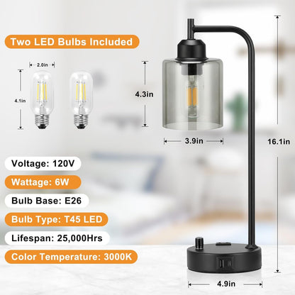 Industrial Desk Lamps for Office Set of 2 - Fully Dimmable Bedside